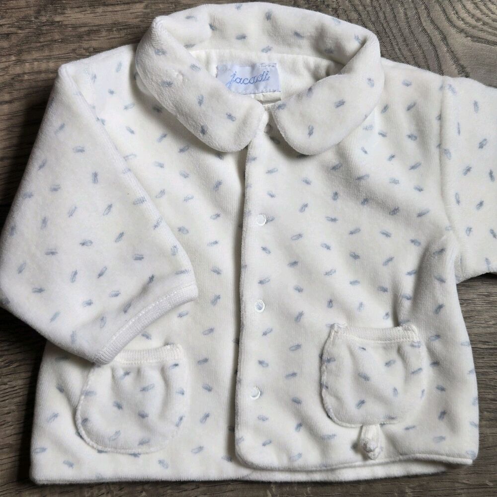 Jacadi Vintage Baby Boy 3M 60cm Velour Jacket Cardigan White Blue Peter Pan 90s